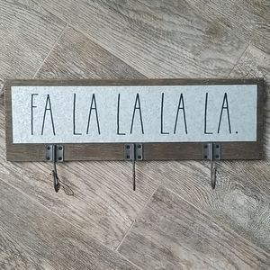 Rae Dunn Christmas FA LA LA LA Hanging 3 Hooks Wall Holiday Decor Metal Wood